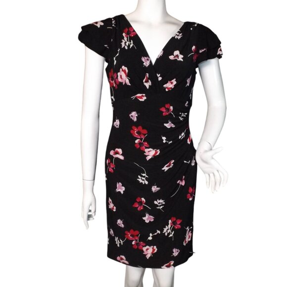LAUREN RALPH LAUREN Dress, 8/M, Black/Red floral, Layered Flutter sleeve, V-neck - Picture 1 of 11